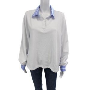 French Dressing Jeans Womens Cotton Striped Collared Blouse Top Blue Size L
